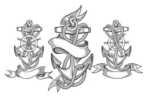 Ship anchor tattoo set Stock Illustration