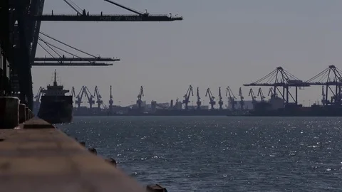 A ship and cranes are seen at Tianjin Port, in northern China Stock Footage 73434520