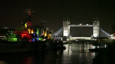 Ship and Tower Bridge at night, London Stock-Footage 44417562