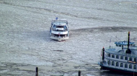 Ship approaching dock on icy Elbe Stock Footage 40678385
