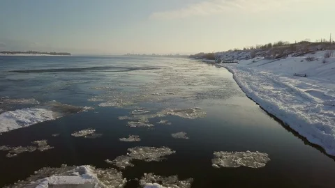 Ship on the bank of the winter river view from a height Stock Footage 123138476