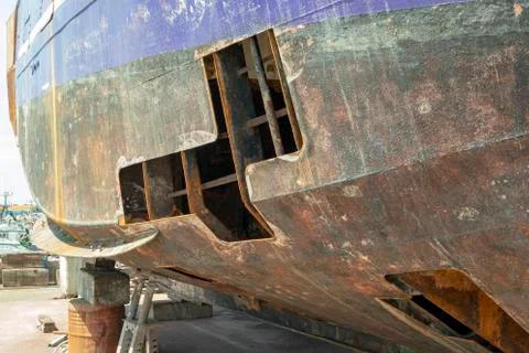 Ship is being repaired on its outer skin Stock Photos