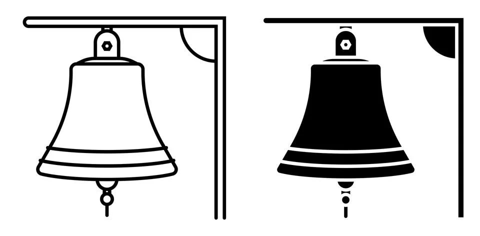 Ship bell on mount. Ringing bell on boat. Simple black and white vector Illustrazione stock