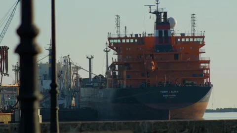 The ship is at the berth.The tanker is waiting for the boot Stock Footage 85442791