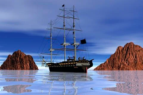 Ship between rocks, 3d graphics Stock Illustration