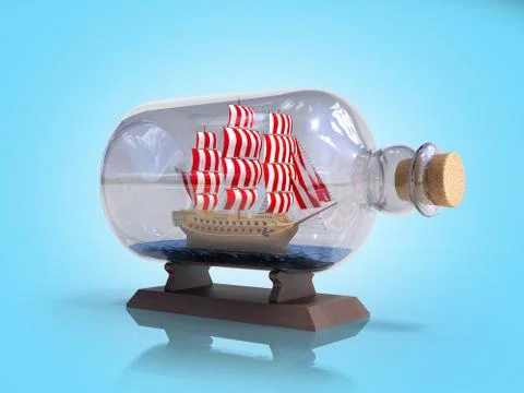 Ship in a bottle 3d render on blue gradient Stock Illustration