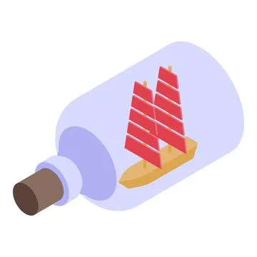 Ship in a bottle floating on the ocean waves is depicted in minimalist style Stock Illustration