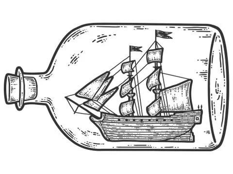 Ship in a bottle. Sketch scratch board imitation. Black and white. Stock Illustration