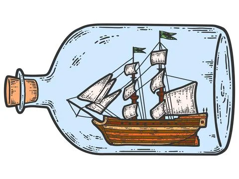 Ship in a bottle. Sketch scratch board imitation color. Stock Illustration