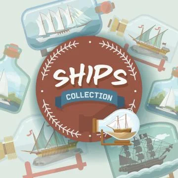 Ship in bottle vector boat in miniature backdrop gifted sail souvenir in glass Stock Illustration
