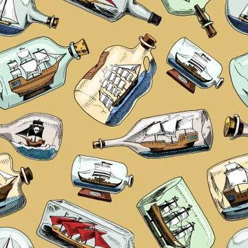 Ship in bottle vector boat in miniature gifted sail souvenir in glass sailboat Stock Illustration