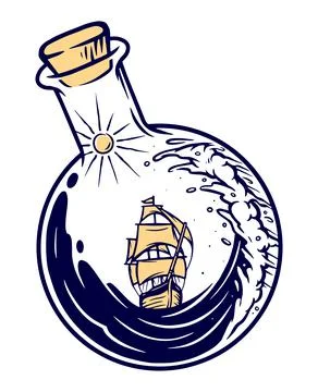 Ship in a bottle vector illustration hand drawn Illustrazione stock