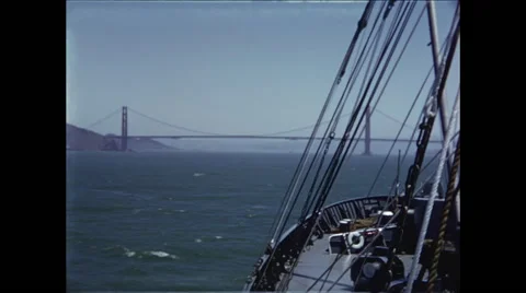 Ship Bow Approaches Golden Gate Bridge 1954 Video stock 48700464