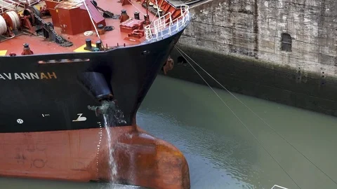 A ship bow going up inside a Panama Channel chamber. Time Lapse. Stock Footage 104428035
