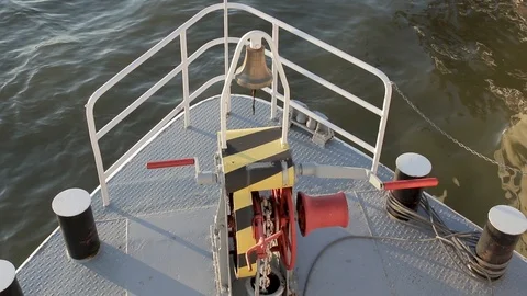 Ship bow with mooring winch, chain drum and bell. Video stock 106817112