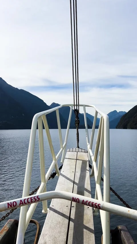 Ship bow rigging POV cruising Doubtful sound Fjord, New Zealand - vertical Stock Footage 342841543