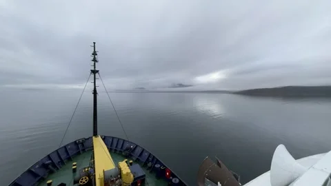 Ship Bow Timelapse Sailing Toward Foggy Island on Calm Sea Stock Footage 346223010