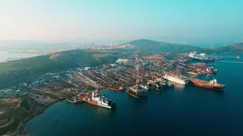 Ship breaking, recycling and demolition where old ships in Turkey, Aerial Stock Footage 294999916