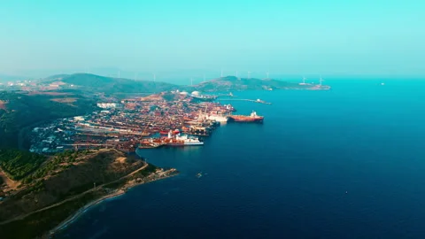 Ship breaking yard, demolition yard where old cargo ships, tankers for scrap Stock Footage 261715329