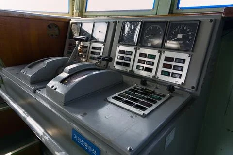 Ship Bridge Control Panel with Engine Telegraph Levers Stock Photos