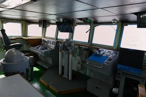 Ship Bridge Control Room with Navigation Equipment Stock Photos