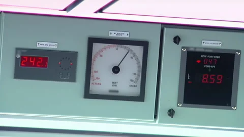 Ship Bridge Instruments Showing Gyro Compass, RPM And Doppler Speed, 4K Stock Footage 326922963