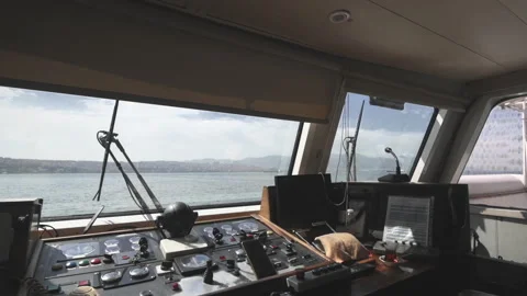 Ship Bridge Navigation System And Control Panel At Sea Stock Footage 332387708