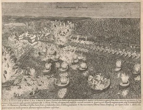 The ship bridge in the Scheldt, 1585; Pontis Antwerpiani fractura. Inflati... Stock Photos