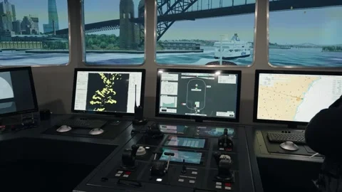 Ship bridge simulator with virtual reality view and navigation data screens Stock Footage 313649226