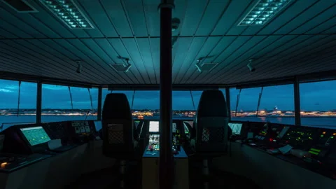 Ship Bridge View Departing Helsingborg Port in Night Timelapse Stock Footage 342043327