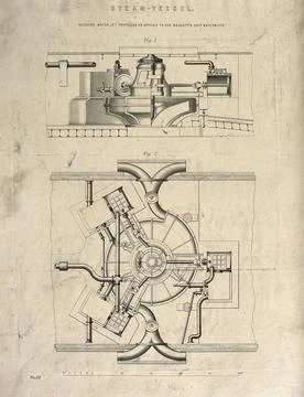 Ship-building: plan and side elevation of a steam-driven water turbine, ins.. Ilustración de archivo
