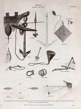 Ship-building: ropes, blocks, and rigging. Engraving. Stock Illustration