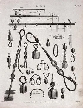 Ship-building: ropes, blocks, and rigging. Engraving. Stock Illustration