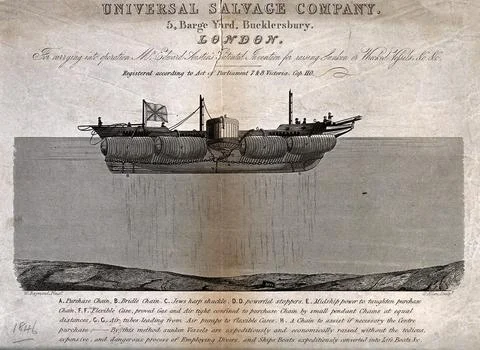 Ship-building: side elevation of a salvage boat, showing the river-bed bene.. Ilustración de archivo