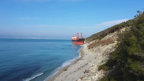 The ship called Rio ran aground after a storm in the black sea. Aerial view. Video stock 101567732
