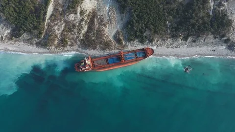 The ship called Rio ran aground after a storm in the black sea. Aerial view. Stock Footage 101567844