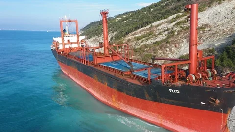 The ship called Rio ran aground after a storm in the black sea. Aerial view. Video stock 101568030