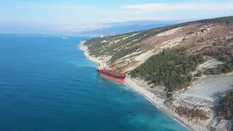 The ship called Rio ran aground after a storm in the black sea. Aerial view. Stockbeeldmateriaal 101568219