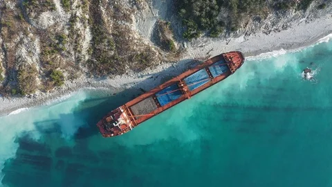 The ship called Rio ran aground after a storm in the black sea. Aerial view. Video stock 101568406