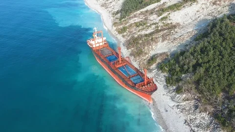 The ship called Rio ran aground after a storm in the black sea. Aerial view. Stockbeeldmateriaal 101568477