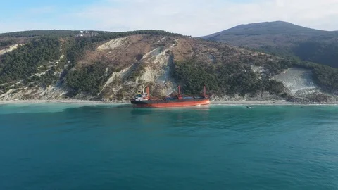 The ship called Rio ran aground after a storm in the black sea. Aerial view. Stock-Footage 101568525
