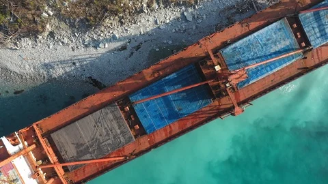 The ship called Rio ran aground after a storm in the black sea. Aerial view. Video stock 101568543