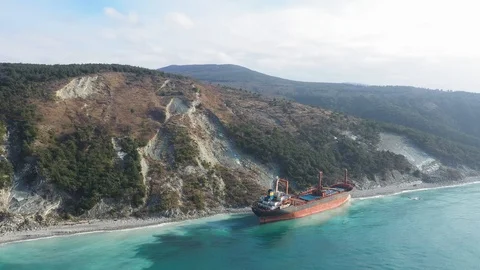 The ship called Rio ran aground after a storm in the black sea. Aerial view. Video stock 101568564