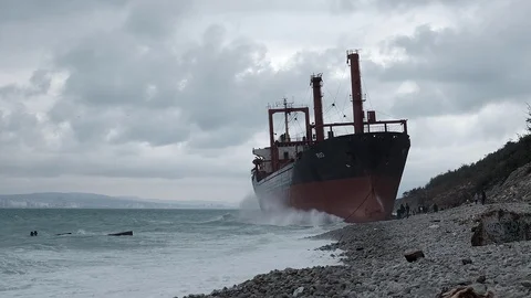 The ship called Rio ran aground after a storm in the black sea. Aerial view. 스톡 동영상 101572253