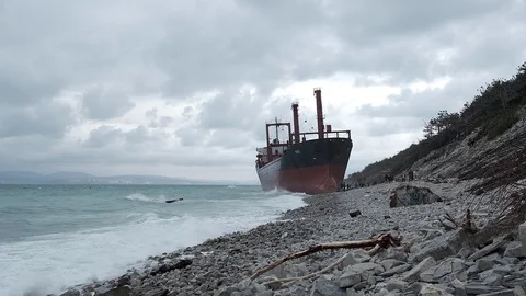 The ship called Rio ran aground after a storm in the black sea. Aerial view. Stock Footage 101572437