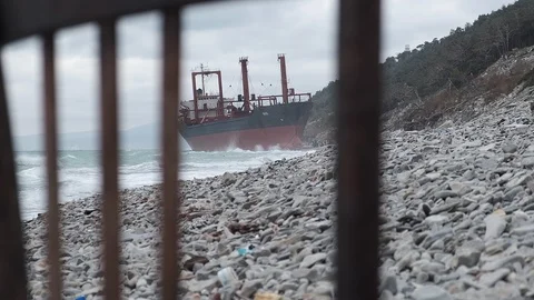 The ship called Rio ran aground after a storm in the black sea. Aerial view. 스톡 동영상 101572644