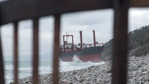 The ship called Rio ran aground after a storm in the black sea. Aerial view. Stock-Footage 101572724