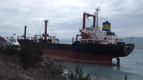 The ship called Rio ran aground after a storm in the black sea. Aerial view. 스톡 동영상 101572845