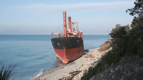 The ship called Rio ran aground after a storm in the black sea. Aerial view. Video stock 101573158