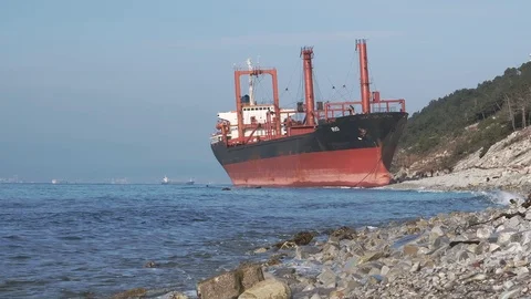 The ship called Rio ran aground after a storm in the black sea. Aerial view. 库存影片 101573711